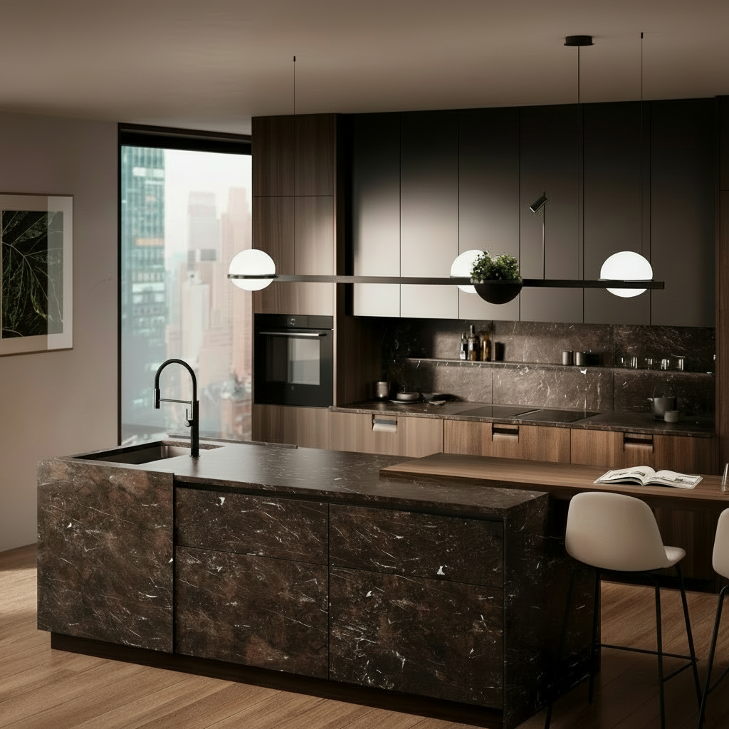 Premium modern kitchen with island levitating counter earthy colors.