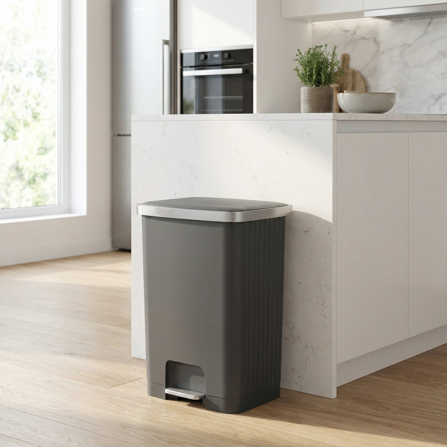 EKO Hana 70L Step Pedal Trash Bin | Soft Close Lid Climate-Proof Polypropylene with Wheels | EK6388-70L-GR