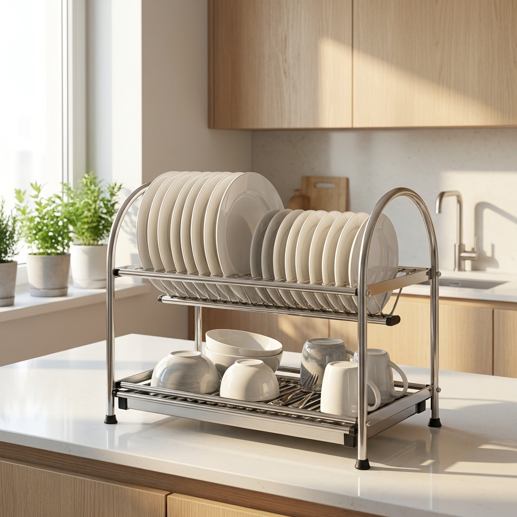 Wellmax Counter Top Plate Rack | Stainless Steel Dish Drying Stand With Drip Tray | SJ308