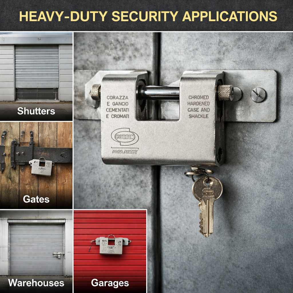 Corbin Armoured Shutter Padlock 90mm | Hardened Steel Double Locking Heavy-Duty Armoured Casing