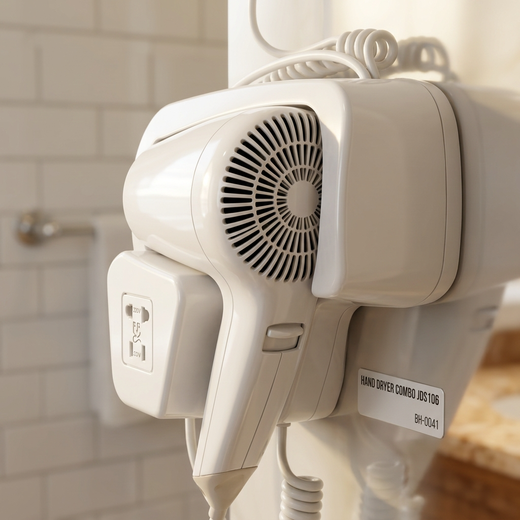 Kingroom Wall-Mounted Hair Dryer with Built-In 220V Socket | Coiled Cord Hotel-Style Blow Dryer, White | JDS1288B