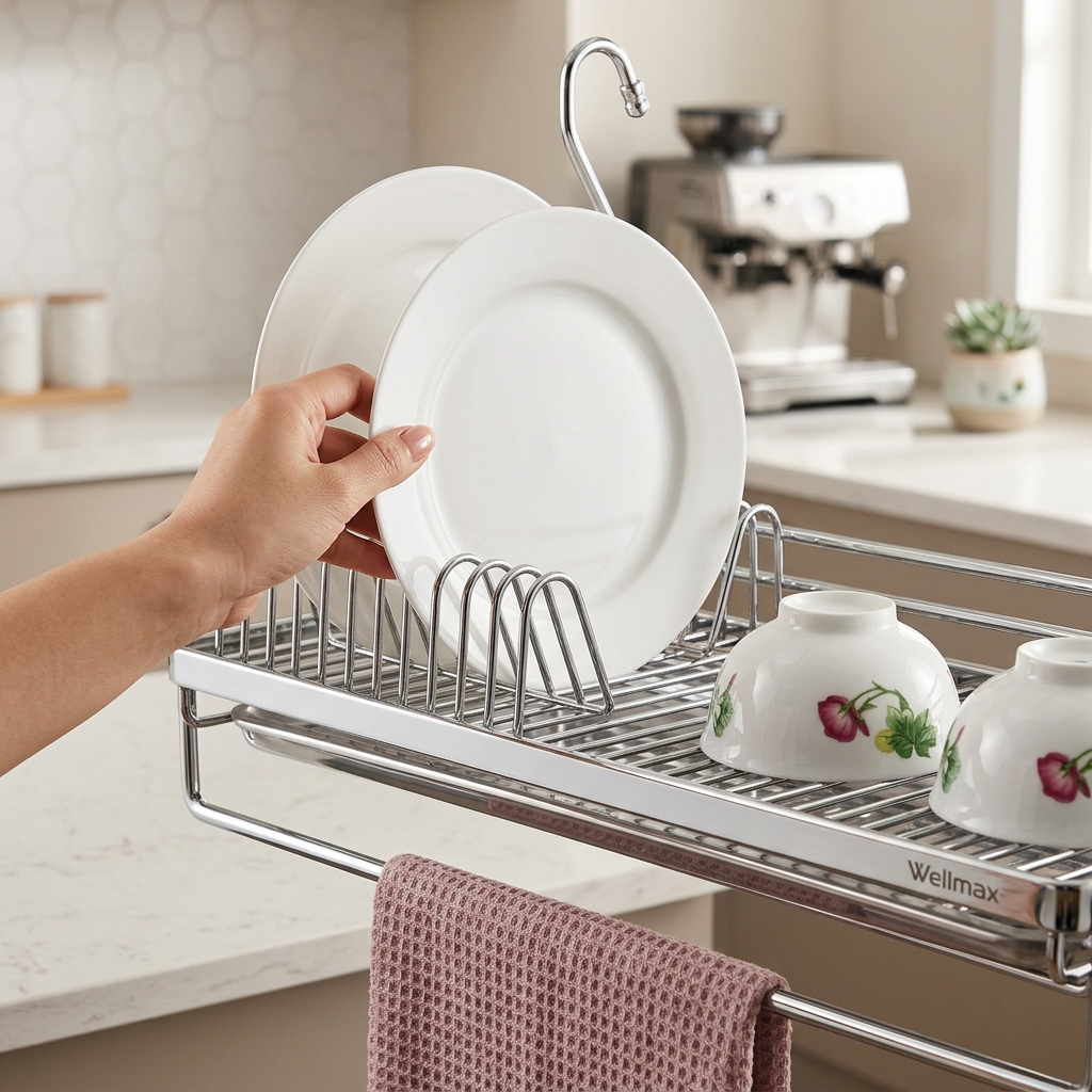 Wellmax Wall Hanging Plate Rack | Heavy Duty with Towel Bar | CWJ228