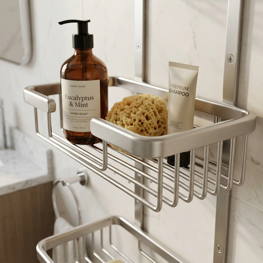 Kingroom 2-Layer Bathroom Storage Shelf | Wall-Mounted Aluminium Organizer Basket, Rust-Proof | BB-714