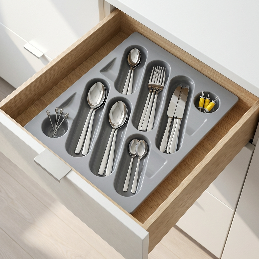 Wellmax Matte Grey Cutlery Tray Organizer | Washable Fibre Drawer Insert for Utensils | K804