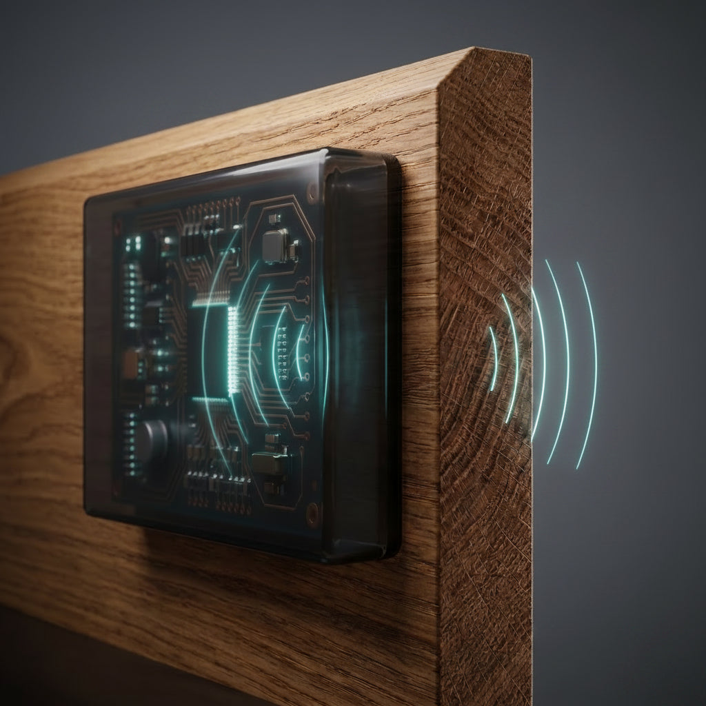 A rectangular smart lock or electronic door control mounted on a wooden panel, shown in a close-up product render. The device has a dark transparent front with glowing cyan circuitry and interface graphics.