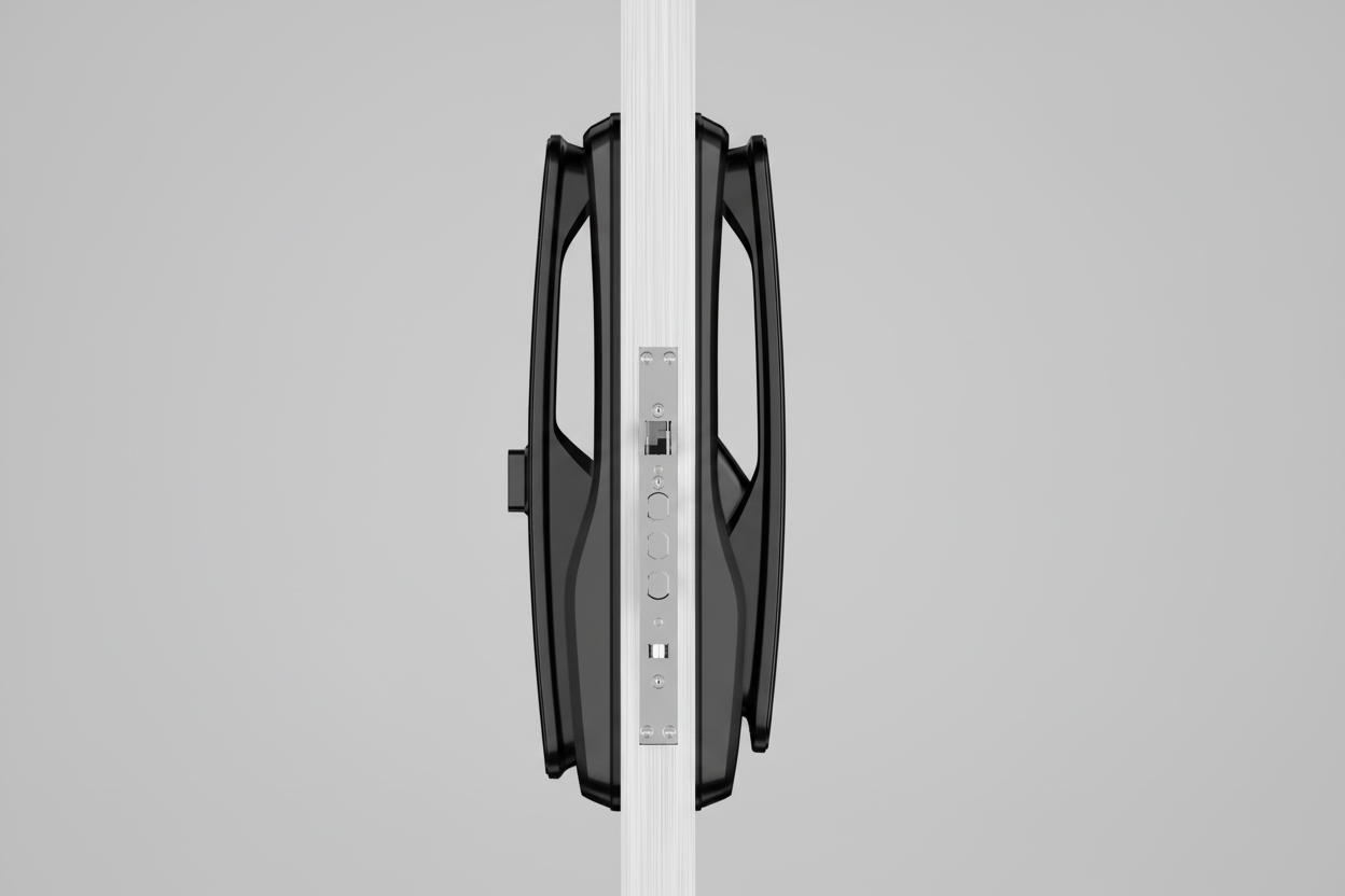 Close-up of a black bike lock on a white background