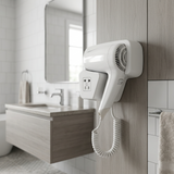 Kingroom Wall-Mounted Hair Dryer with Built-In 220V Socket | Coiled Cord Hotel-Style Blow Dryer, White | JDS1288B