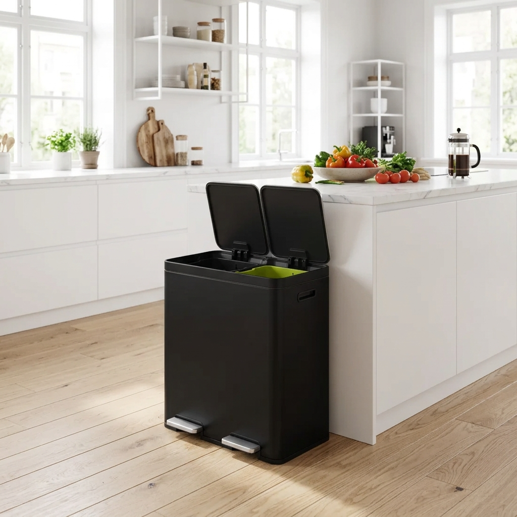 EKO Edison Pedal Bin 60L (30L + 30L) – Dual Compartment Stainless Steel Recycling Bin Black (EK9248P-30L+30L-MBS)