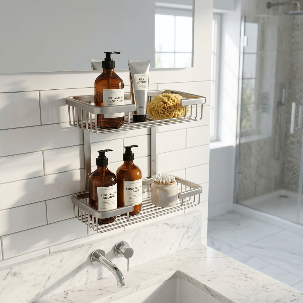 Kingroom 2-Layer Bathroom Storage Shelf | Wall-Mounted Aluminium Organizer Basket, Rust-Proof | BB-714