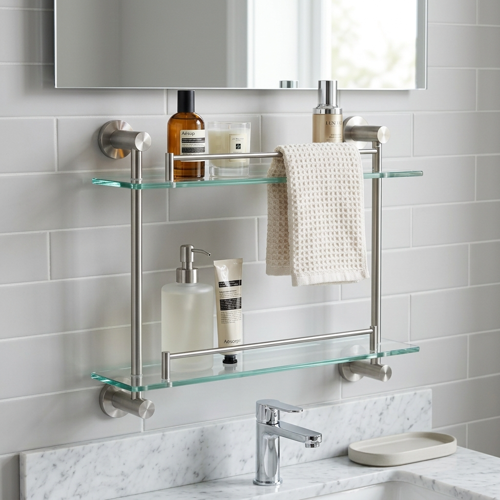 Kingroom Glass Vanity Shelf 2-Layer | Wall Mounted Stainless Steel Rack for Shower Essentials | Kingoom SS-5491D