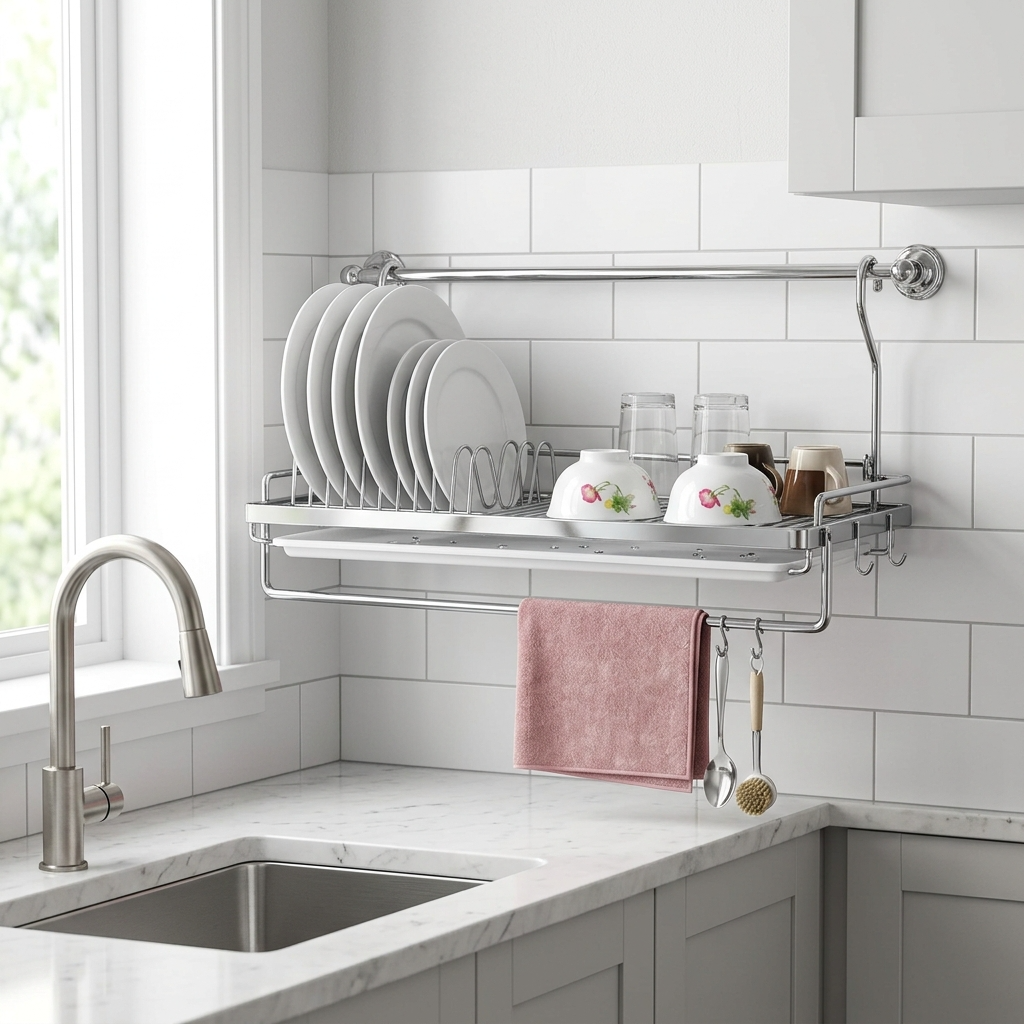 Wellmax Wall Hanging Plate Rack | Heavy Duty with Towel Bar | CWJ228