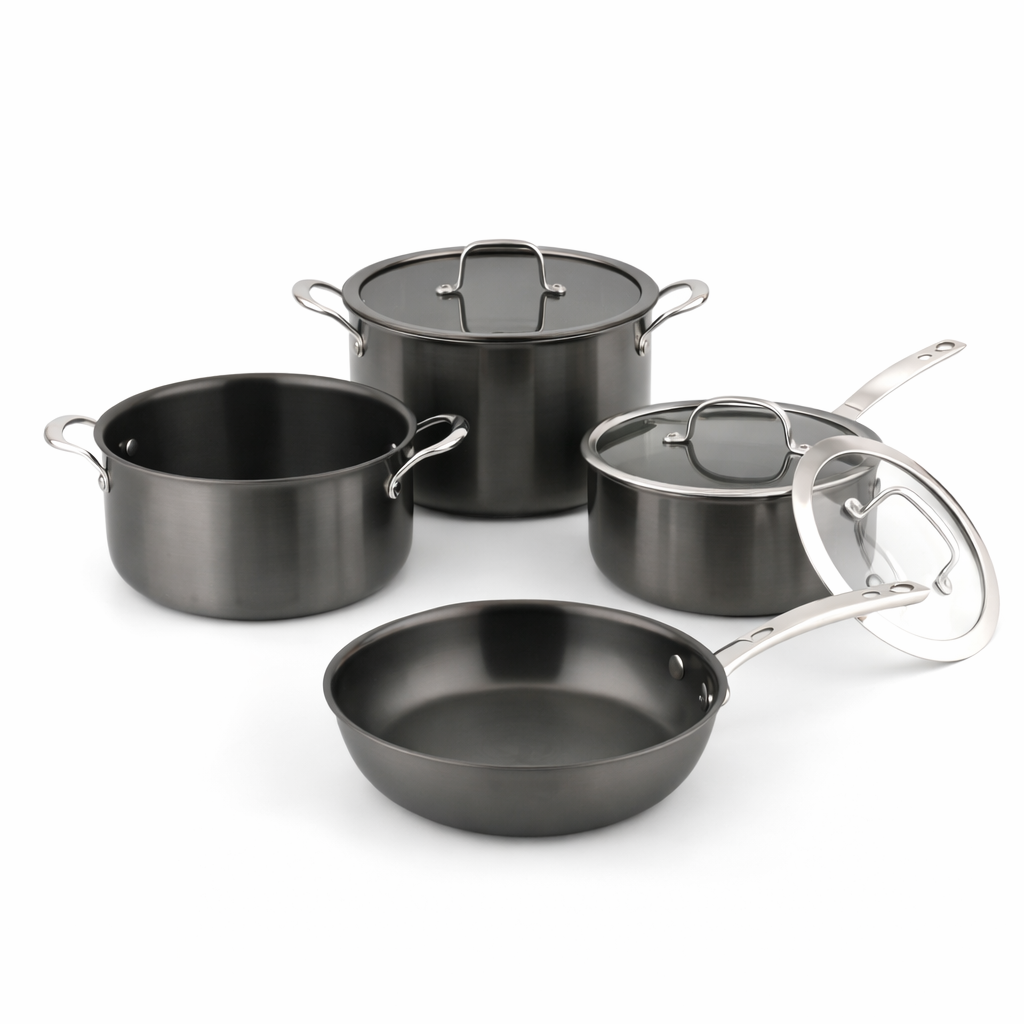 Linkfair 7pc Stainless Steel Cookware Set | 5-Ply Black Titanium Glass Lid | CS-SS-001