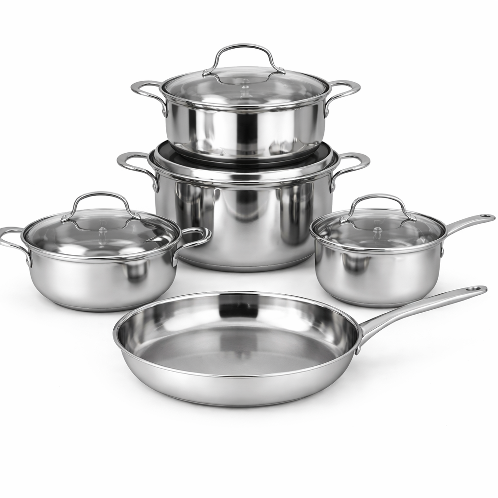 Linkfair 8pc Stainless Steel Cookware Set | 3-Layer Square Glass Lid Impact Bonded Base | CS-SS-059