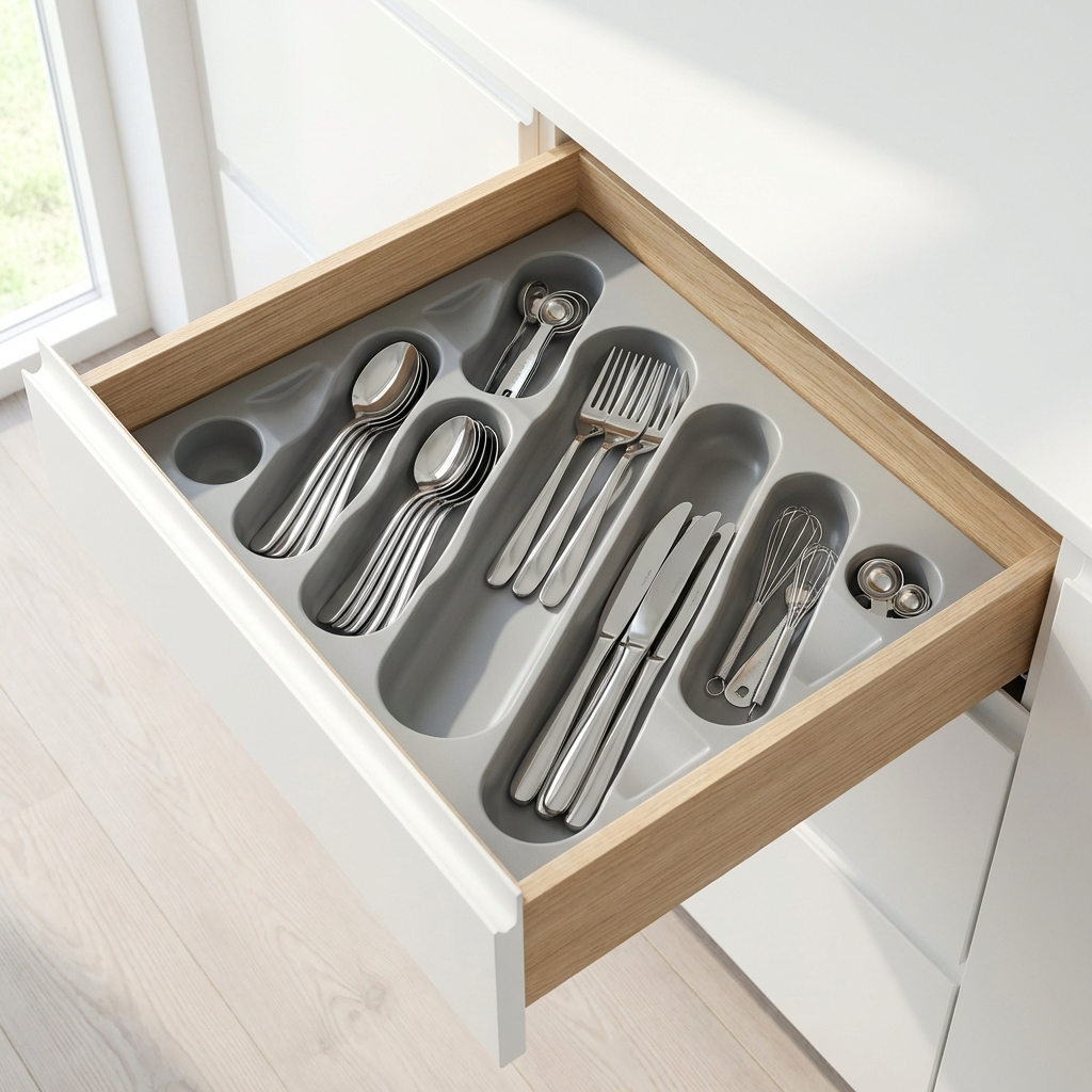 Wellmax Matte Grey Cutlery Tray Organizer | Washable Fibre Drawer Insert for Utensils | K804