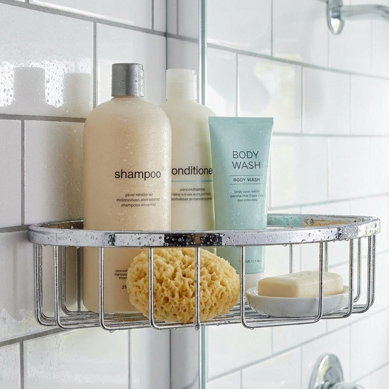 Shower caddy with shampoo, conditioner, and body wash on a tiled shower wall.