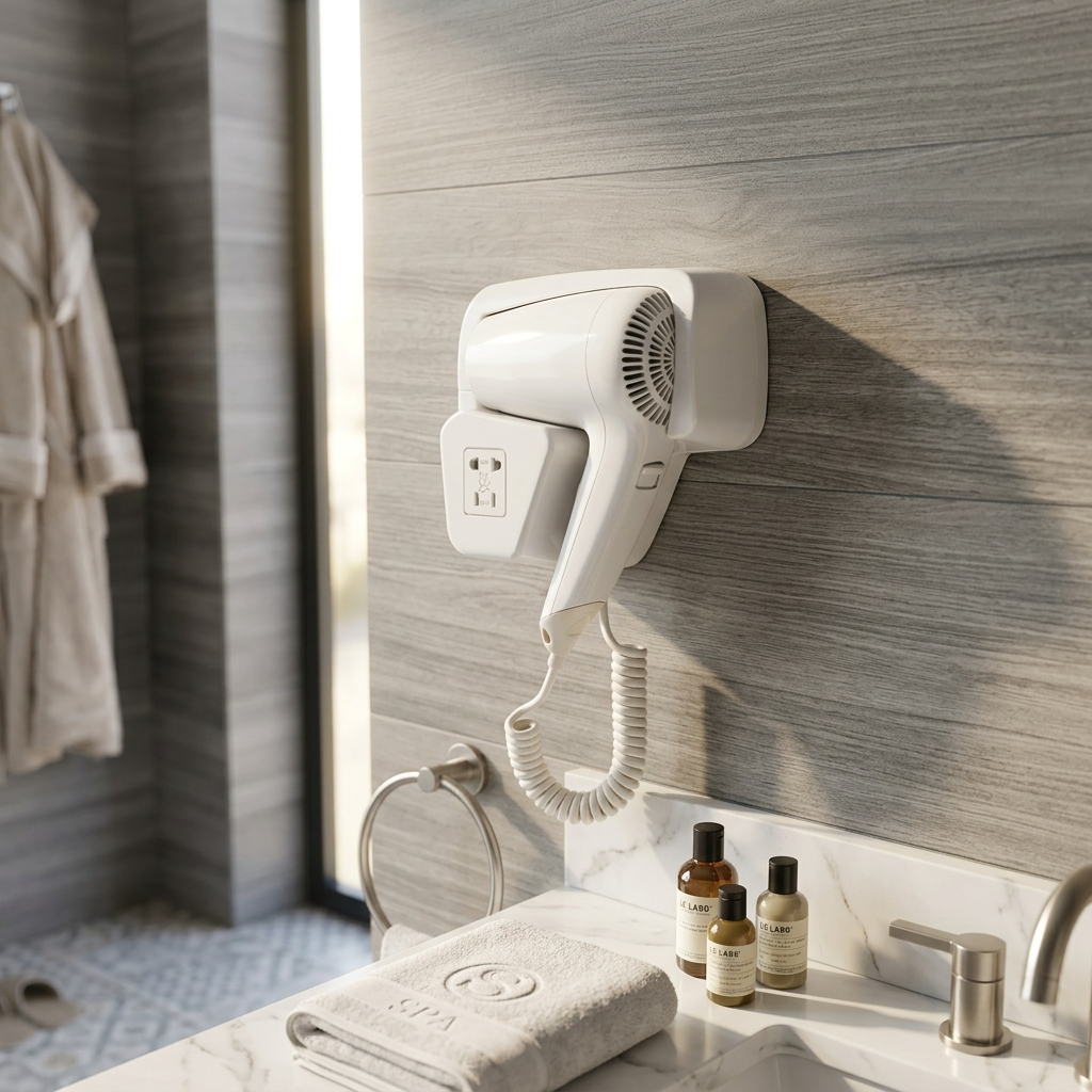 Kingroom Wall-Mounted Hair Dryer with Built-In 220V Socket | Coiled Cord Hotel-Style Blow Dryer, White | JDS1288B