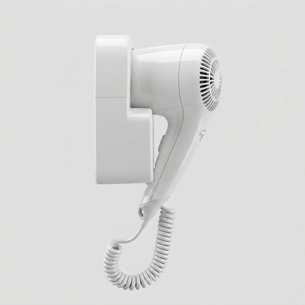 Kingroom Wall-Mounted Hair Dryer with Built-In 220V Socket | Coiled Cord Hotel-Style Blow Dryer, White | JDS1288B