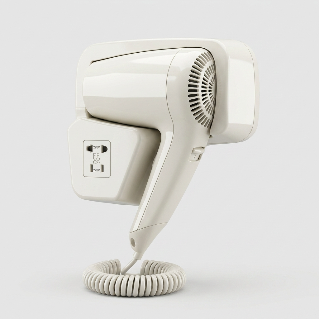 Kingroom Wall-Mounted Hair Dryer with Built-In 220V Socket | Coiled Cord Hotel-Style Blow Dryer, White | JDS1288B