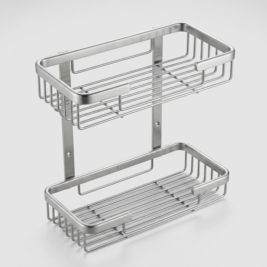 Kingroom 2-Layer Bathroom Storage Shelf | Wall-Mounted Aluminium Organizer Basket, Rust-Proof | BB-714