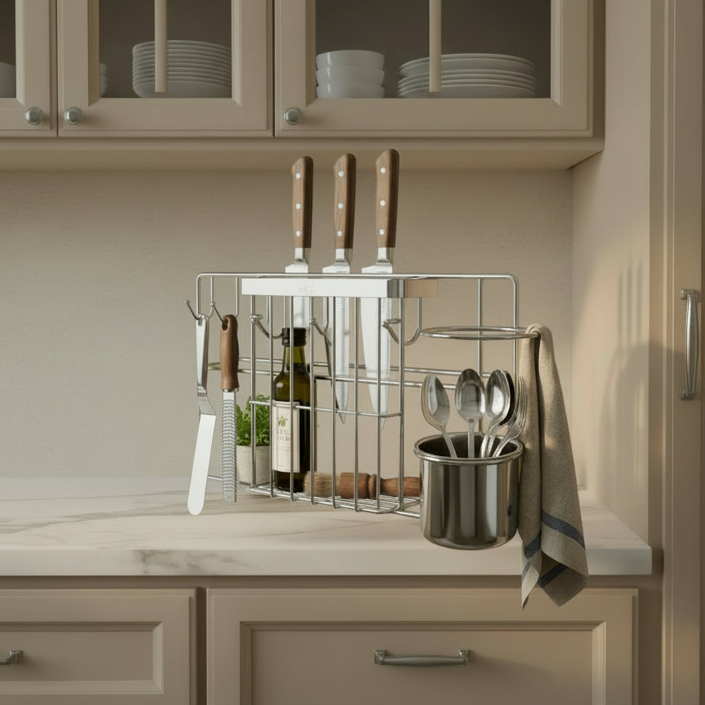 Wall-mounted kitchen organizer with knives, bottles, and utensils on a tiled wall without mounting pipe.