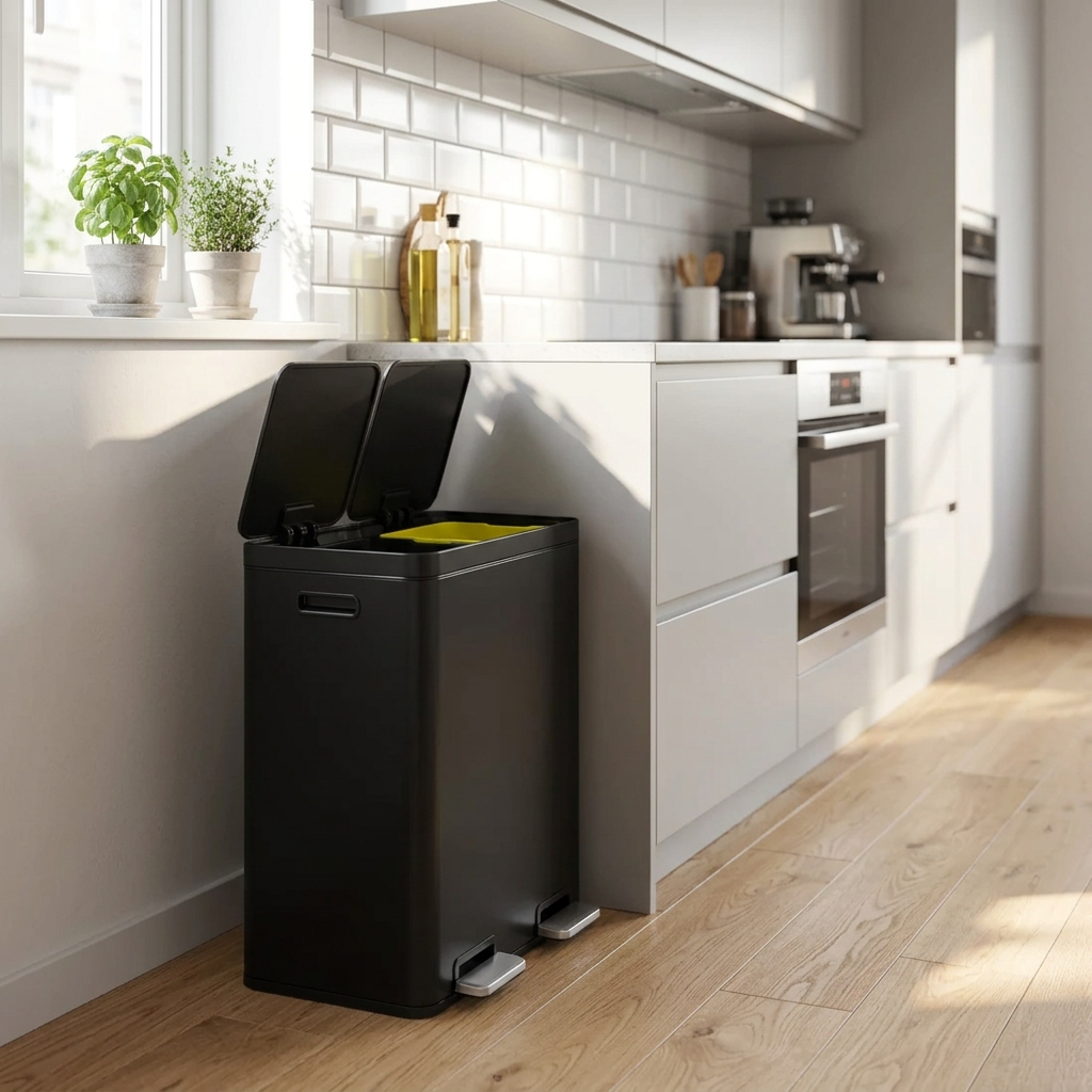 EKO Edison Pedal Bin 60L (30L + 30L) – Dual Compartment Stainless Steel Recycling Bin Black (EK9248P-30L+30L-MBS)