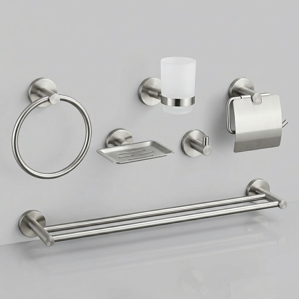 Kingroom Stainless Steel Bathroom Set 6 Piece | Rust-Free SUS304 Modern Design Brush Finish | 9806