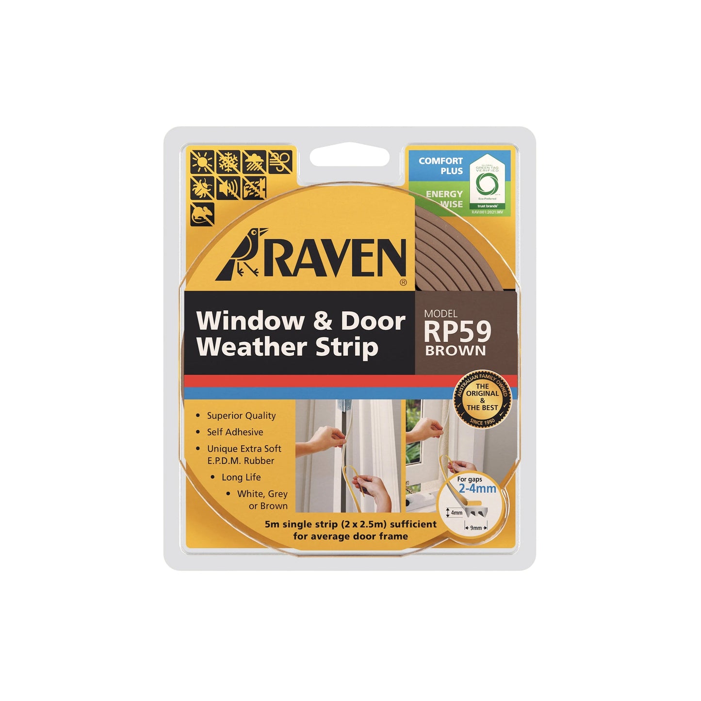 Raven Self-Adhesive Door & Window Frame Weather Strip | Soft EPDM Compression Seal (2–4mm Gaps) | RP59