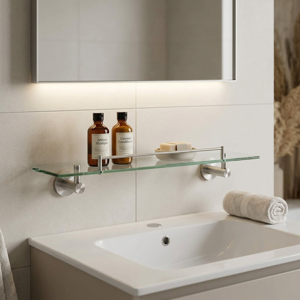 Kingroom Glass Vanity Storage Shelf 24-Inch | Rust Proof Stainless Steel with Tampered Glass | SS-5491