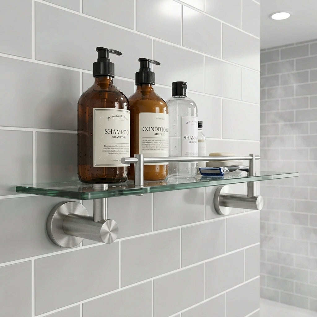 Kingroom Glass Vanity Storage Shelf 24-Inch | Rust Proof Stainless Steel with Tampered Glass | SS-5491