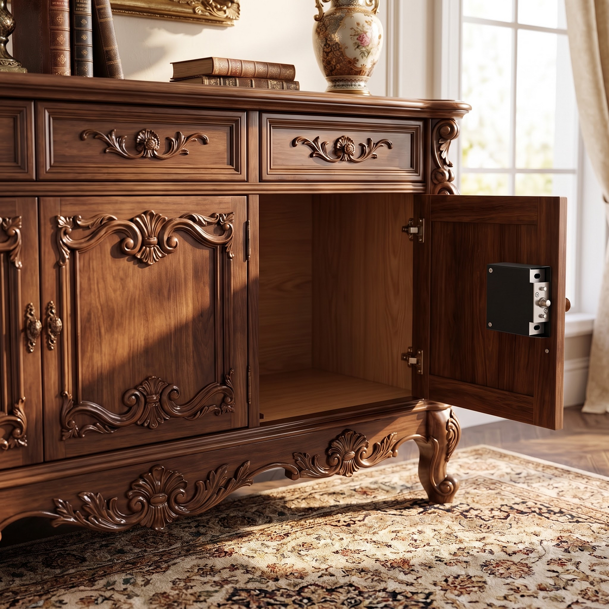 An ornate dark brown wooden credenza or sideboard cabinet with carved details, shown in a styled room with sunlight streaming in from a window. The lower right cabinet door is open, revealing a black electronic lock mechanism on the inside of the door.