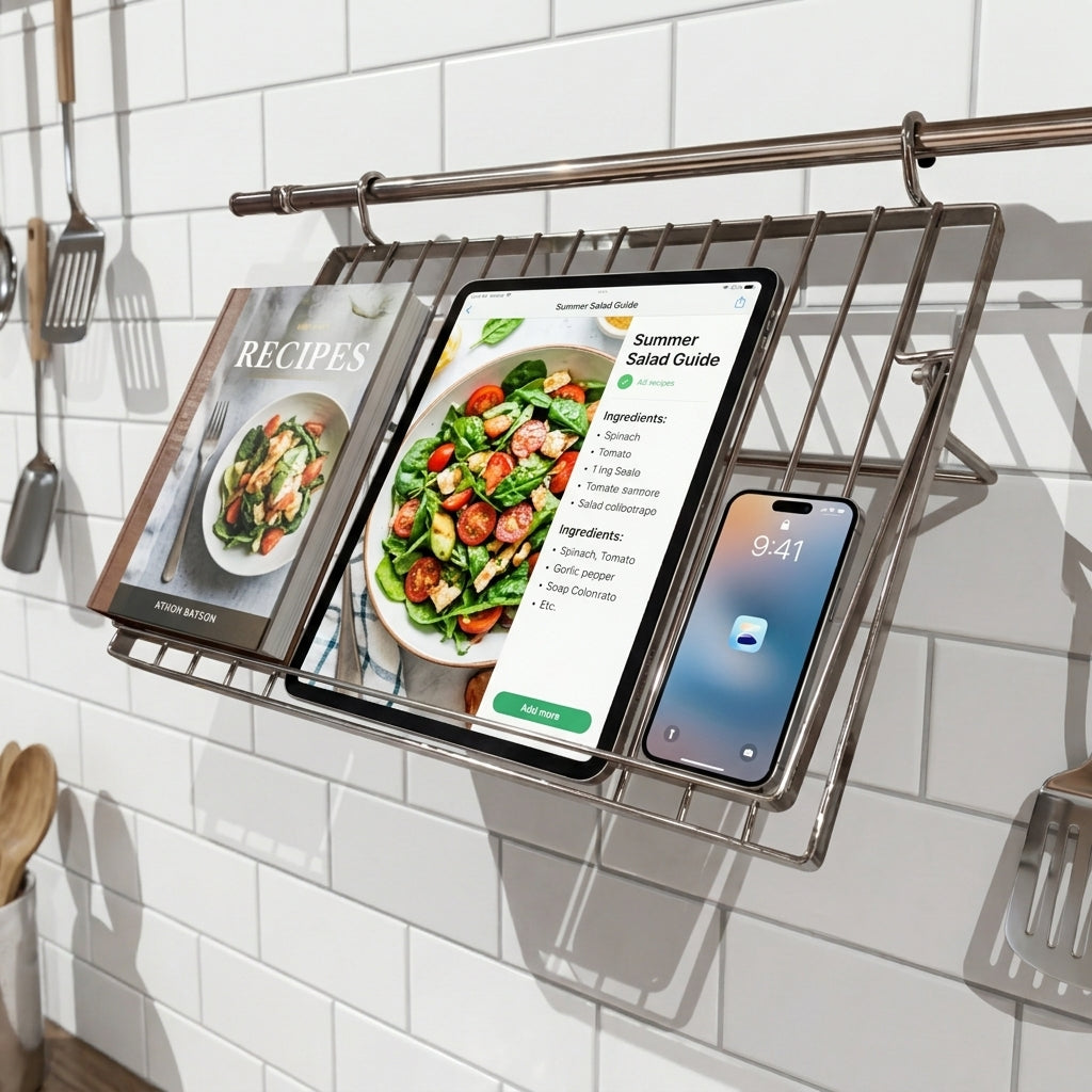 Wellmax Wall Mounted Recipe Book, iPad & Phone Rack | Kitchen Backsplash Accessory | CWJ223B