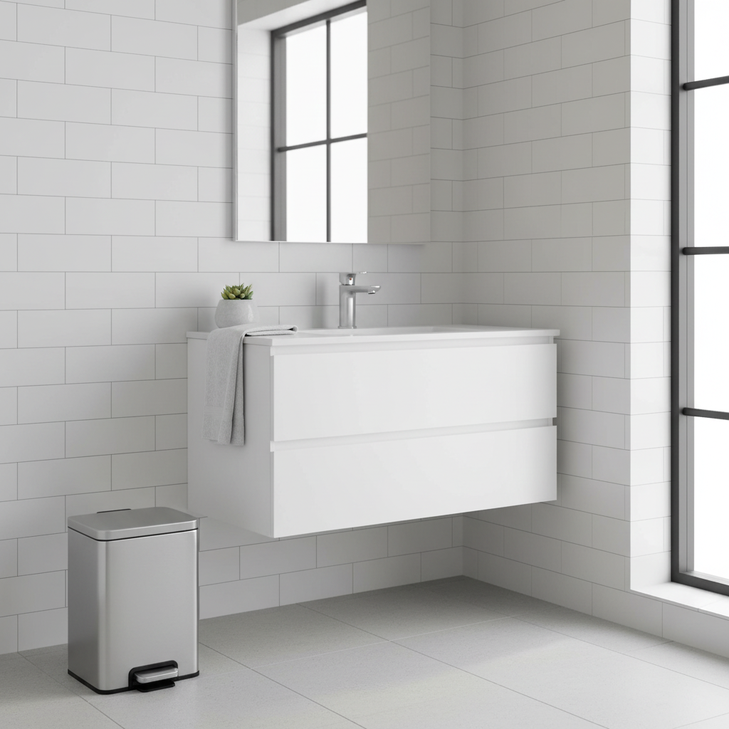 Stainless steel dustbin in bathroom