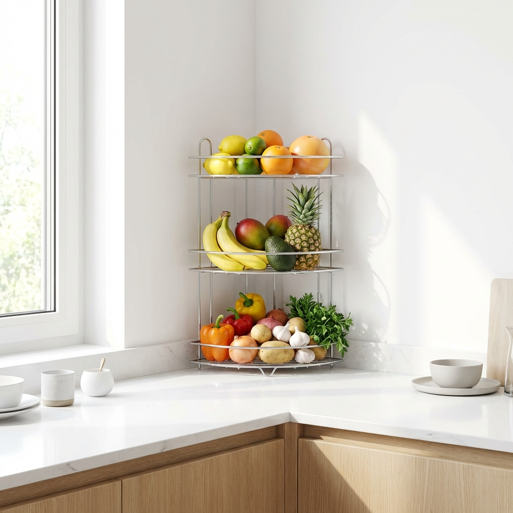 Wellmax Corner Vegetable & Fruit Rack | 3-Tier Stainless Steel Kitchen Vegetable Stand |